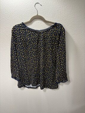 Boden Navy Top with Yellow Floral Dots and Lace Trim